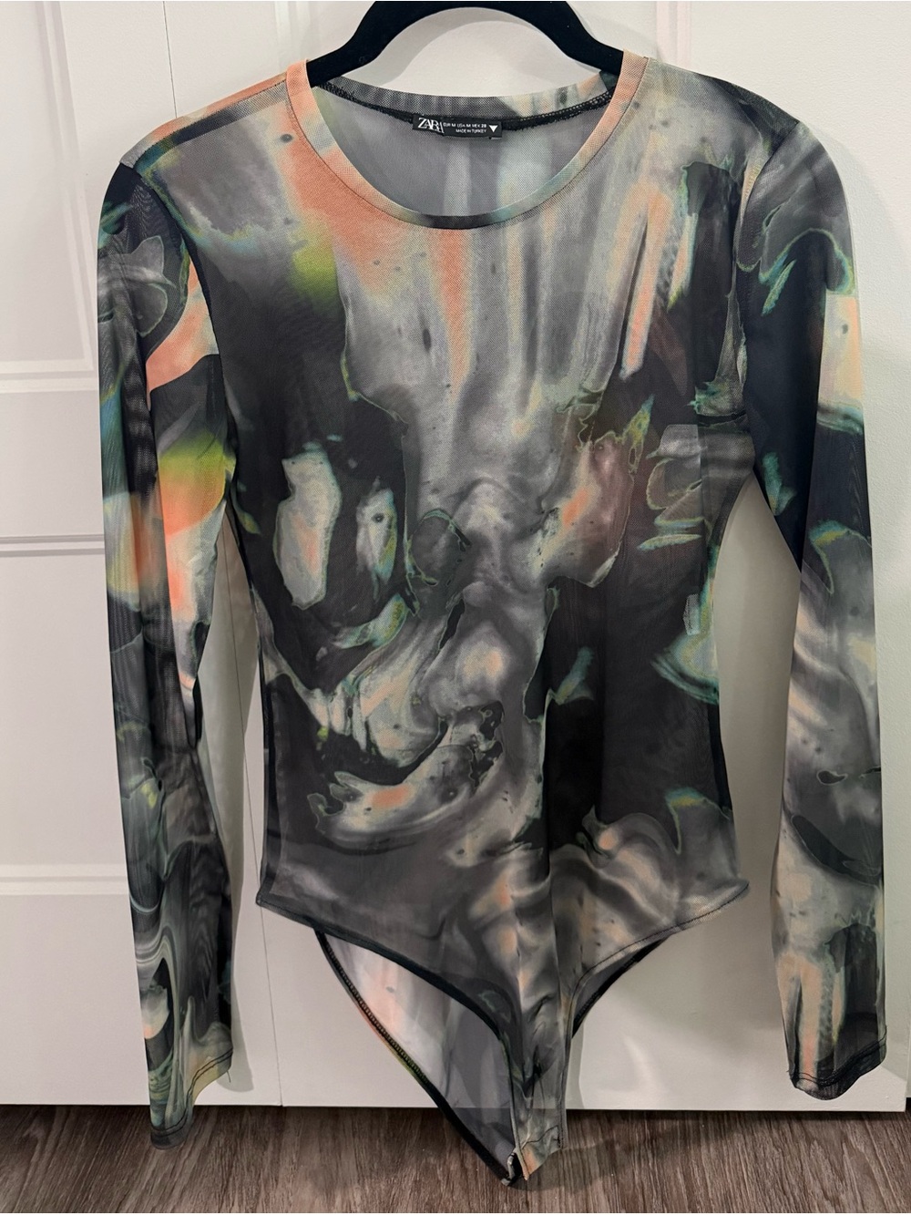 ZARA Sheer Abstract Print Long-Sleeve Bodysuit - Black/Peach
